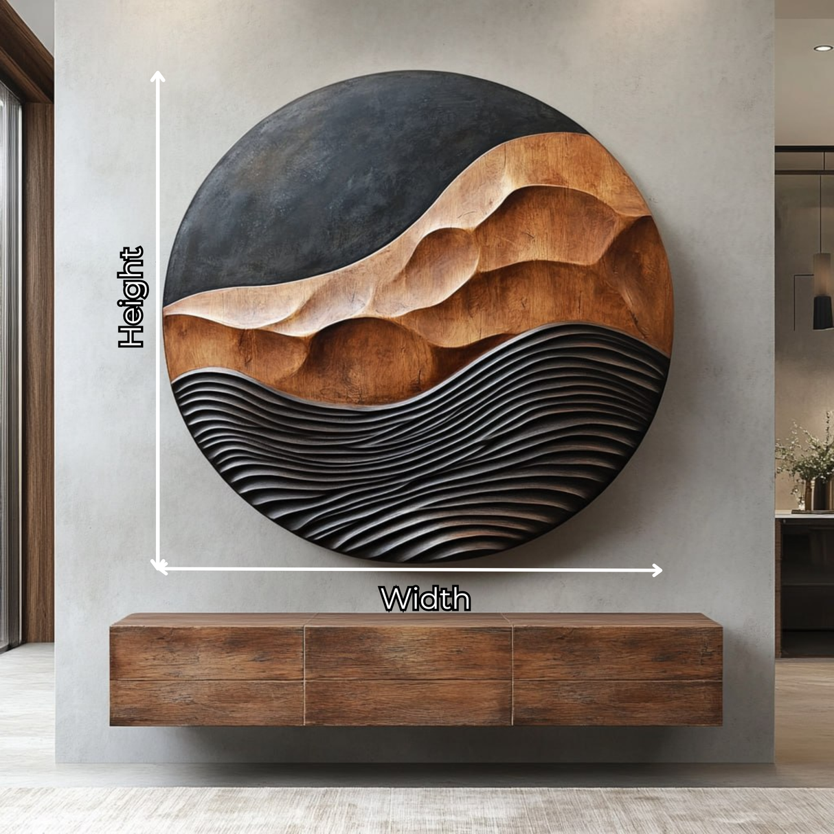 Solid Wood Round Wall Art with Carved Mountain Relief and Layered Wave Texture