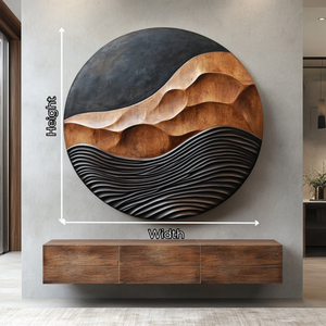 Solid Wood Round Wall Art with Carved Mountain Relief and Layered Wave Texture