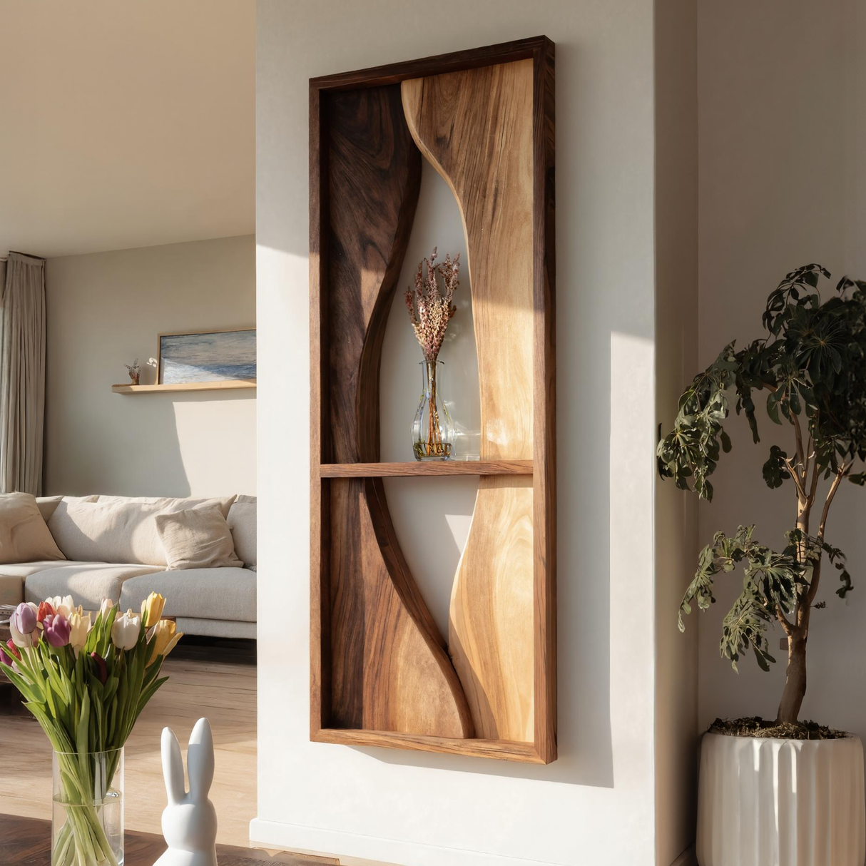 Organic Wood Wall Art Panel with Floating Display Shelf