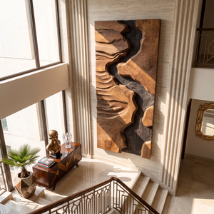 Abstract Solid Wood Wall Art with Layered Canyon Carvings