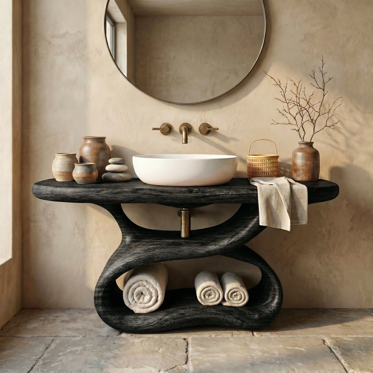Sculptural Solid Wood Bathroom Vanity with Open Shelf Base