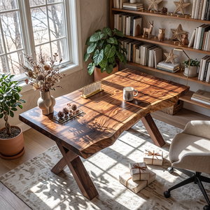 Live Edge Solid Wood Desk with Sculptural X Legs for Home Office