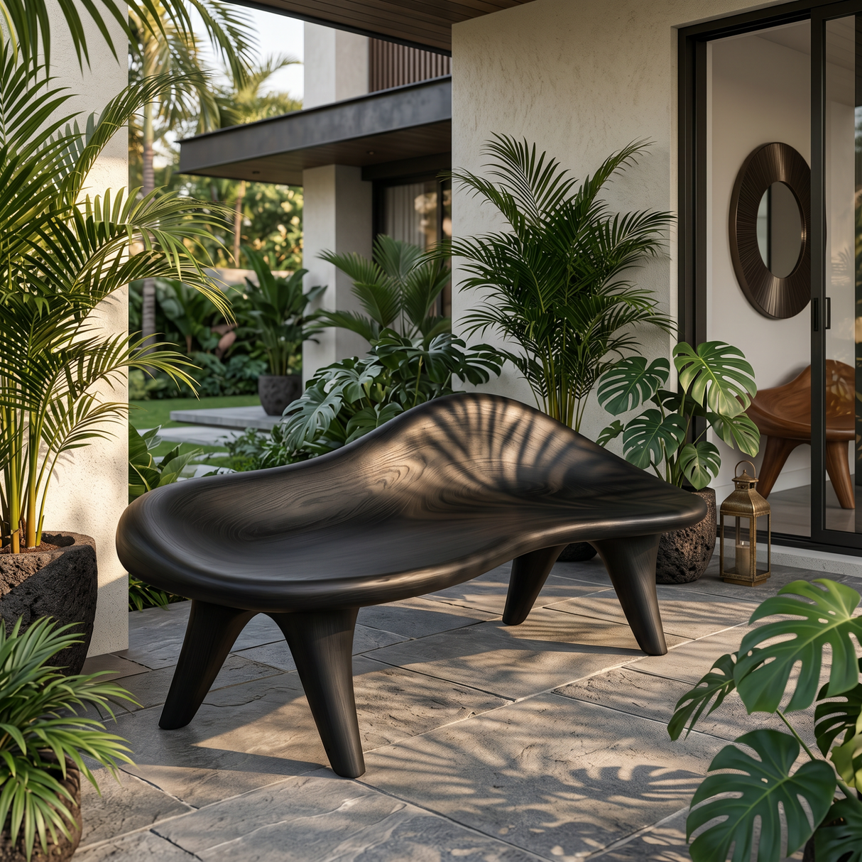 Handcrafted Organic Solid Wood Outdoor Bench with Sculptural Curved Seat