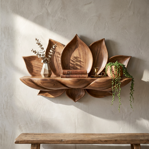 Handcrafted Natural Solid Wood Lotus Petal Wall Shelf for Decorative Display