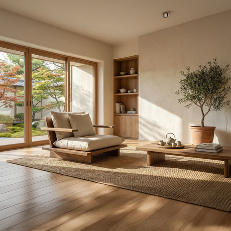 Low Solid Wood Floor Lounge Chair with Arms Japandi Wooden Accent Chair