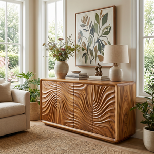 Solid Wood Sideboard Cabinet with Radiating Wave Carved Doors