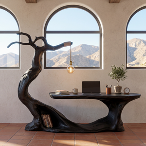 Sculptural Solid Wood Desk with Integrated Hanging Lamp and Open Shelf, Organic Writing Table, Artistic Reading Workspace