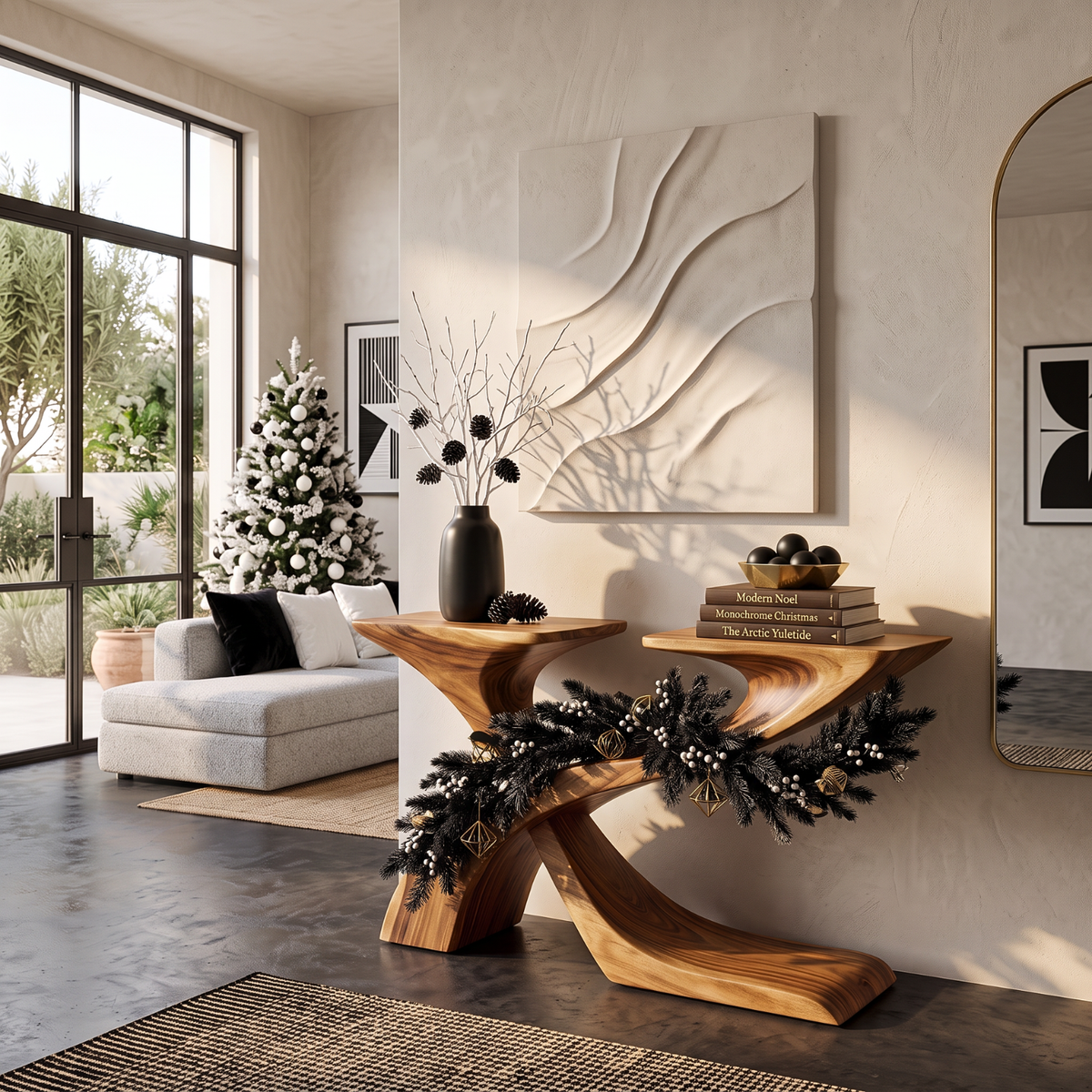 Sculptural Solid Wood Console Table with Crossing Ribbon Base