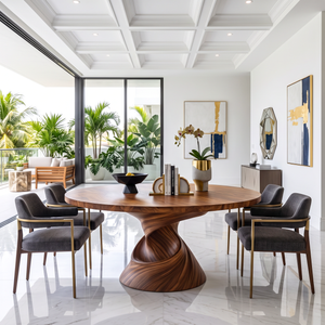 Dining Table with Helix Inspired Base and Solid Wood Surface