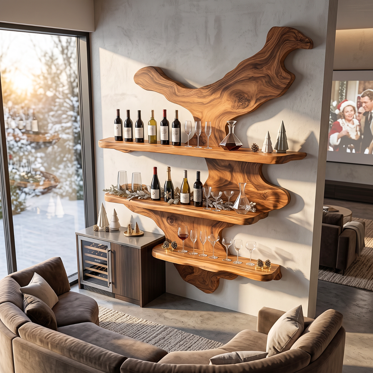 Organic Solid Wood Wine Rack with Floating Display Shelves and Sculptural Wall Form