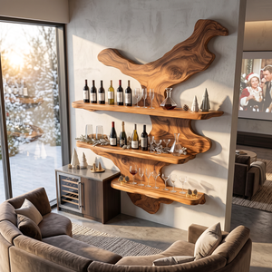 Organic Solid Wood Wine Rack with Floating Display Shelves and Sculptural Wall Form