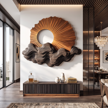 Wall Sculpture Solid Wood with Radiating Sun Design and Layered Dark Wave Clouds