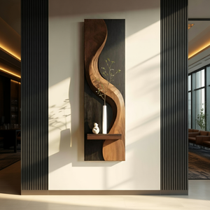 Sculptural Solid Wood Wall Panel with Display Shelf