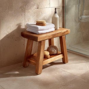 Handcrafted Solid Wood Shower Stool with Storage Rack