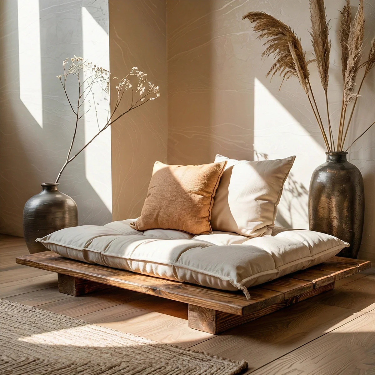 Low Solid Wood Tatami Sofa Platform Japandi Floor Lounge Seat with Cushion
