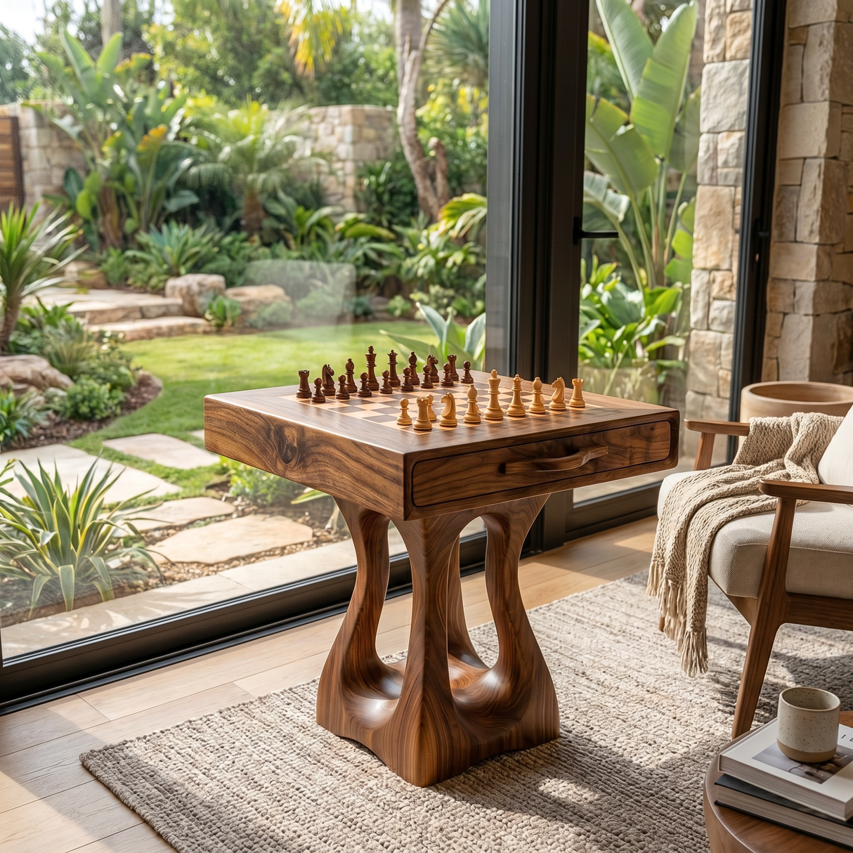 Handcrafted Solid Wood Chess Table with Drawer and Carved Pedestal Base
