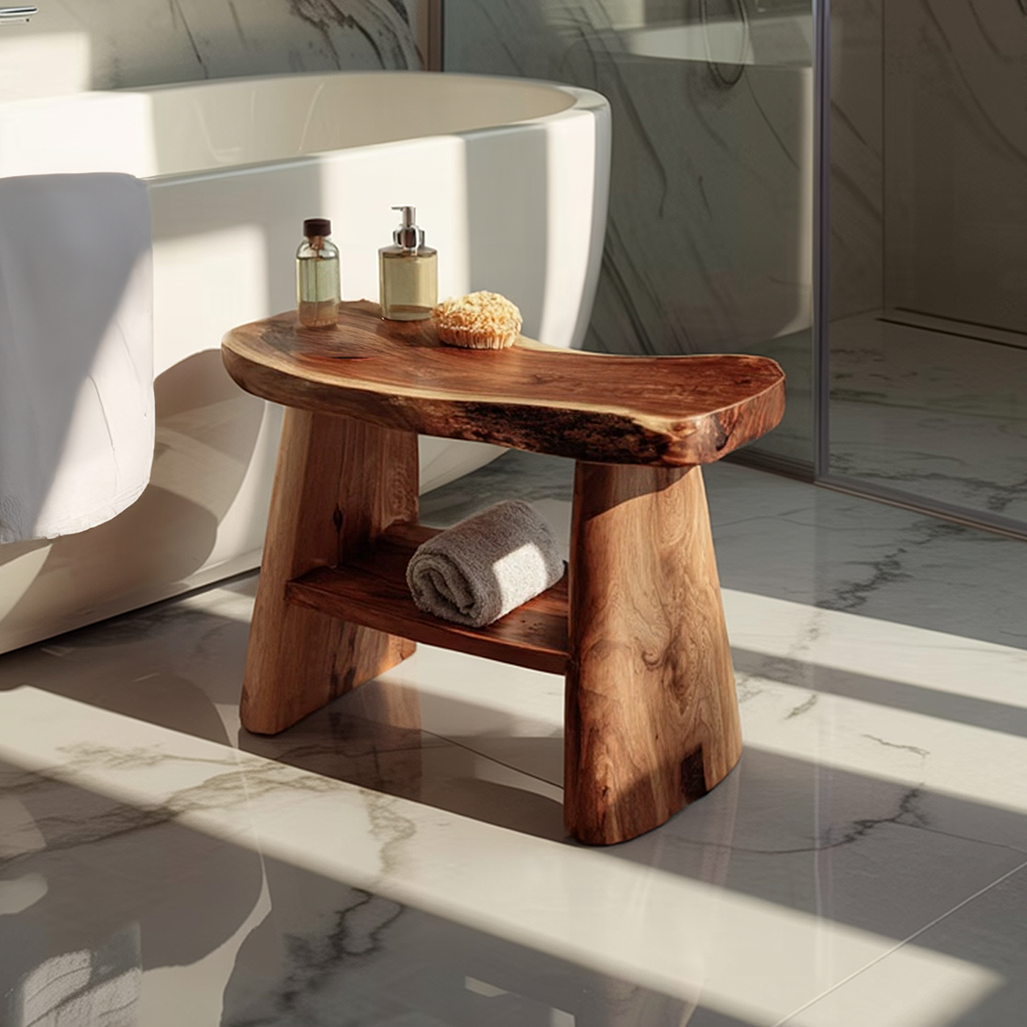 Live Edge Solid Wood Bath Bench with Storage Shelf