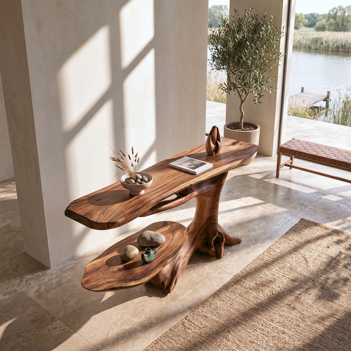 Handcrafted Solid Wood Console Table with Tree Root Base and Side Shelf