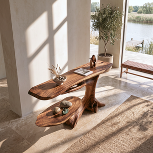 Handcrafted Solid Wood Console Table with Tree Root Base and Side Shelf