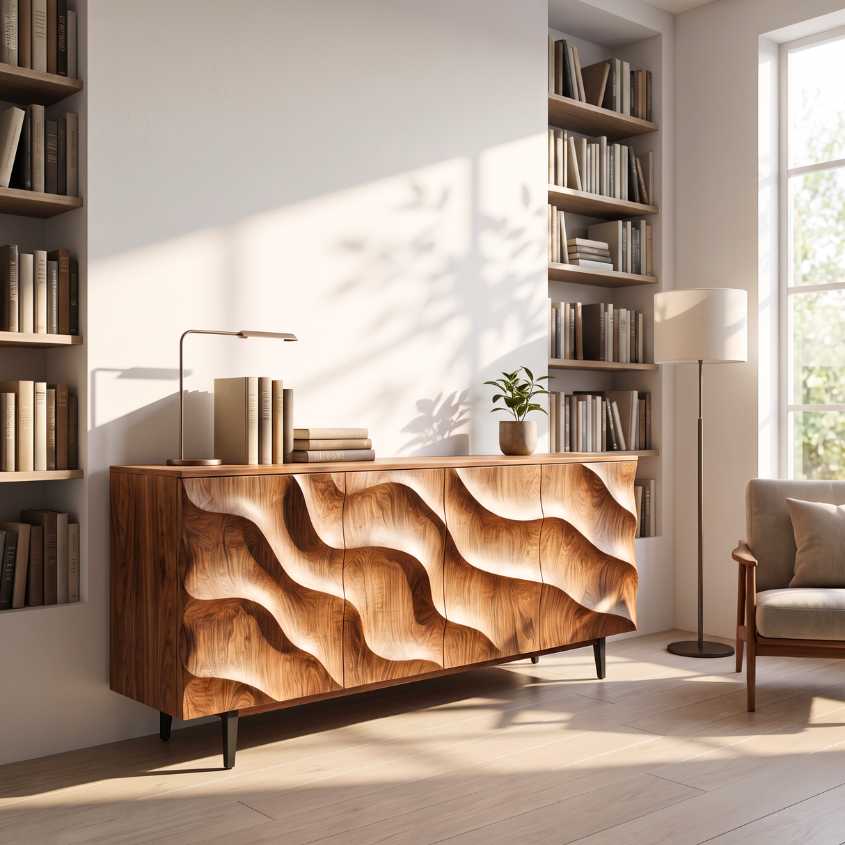 Sideboard Solid Wood with Sculptural Cascade Relief Doors for Living Room Decor