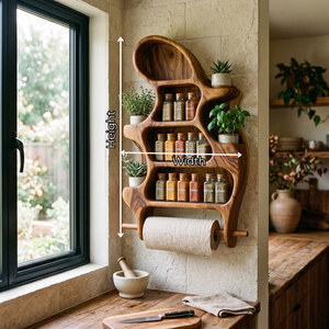 Organic Solid Wood Wall Spice Organizer with Plant Shelves and Towel Roll Holder