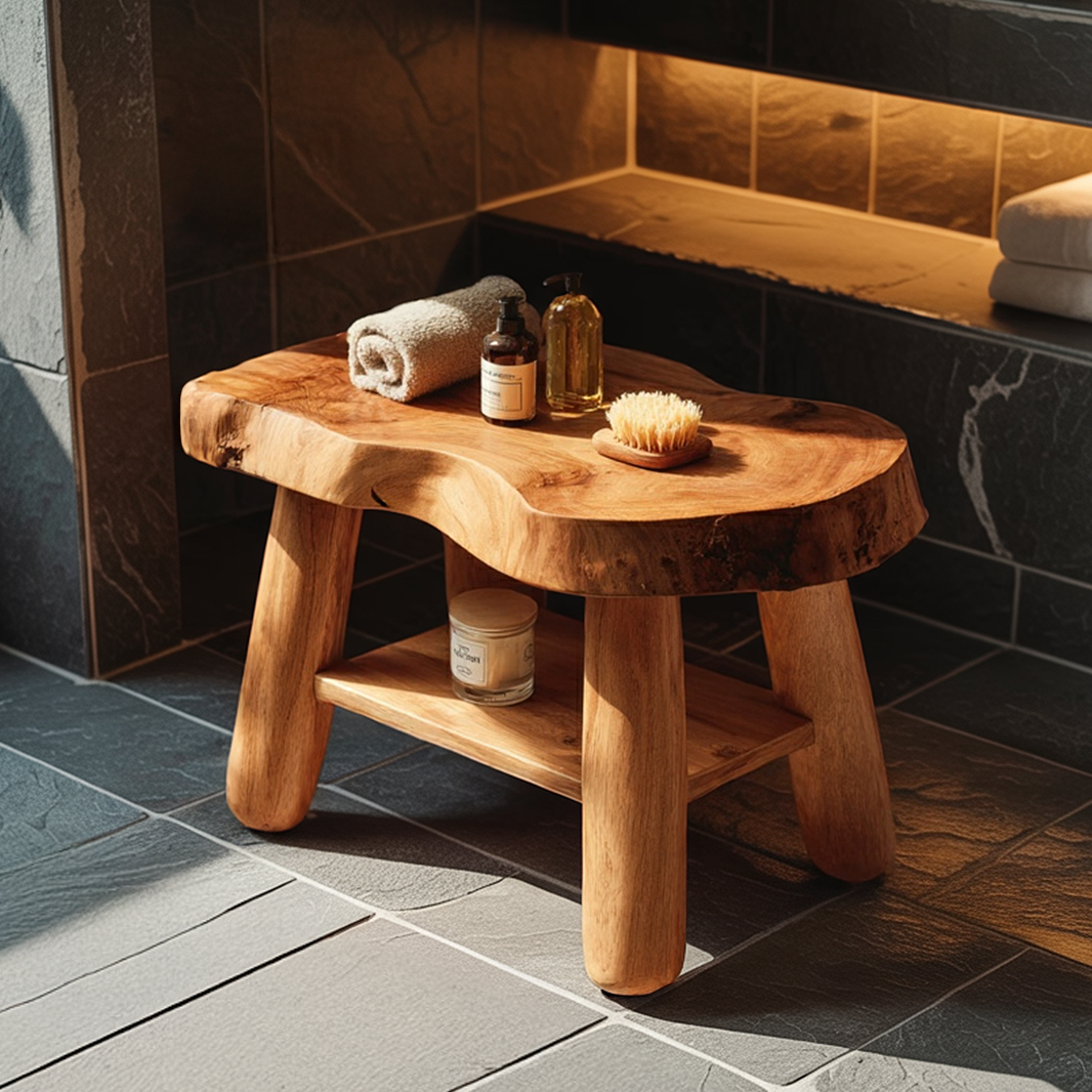 Rustic Solid Wood Shower Bench with Live Edge Top