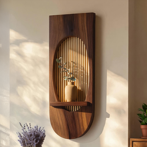 Oval Solid Wood Wall Panel with Slatted Backdrop & Floating Shelf