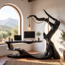 Sculptural Wood Reading Table with Integrated Hanging Lamp
