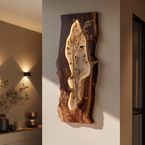 Illuminated Live Edge Wood Wall Art with Botanical Metal Inlay