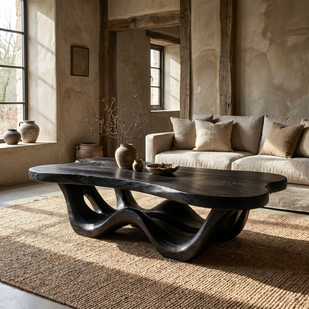 Handcrafted Solid Wood Coffee Table with Waveform Open Base