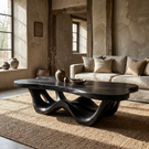 Handcrafted Solid Wood Coffee Table with Waveform Open Base