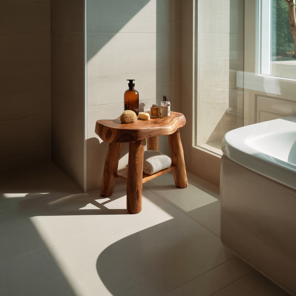 Live Edge Solid Wood Bath Stool with Storage Shelf