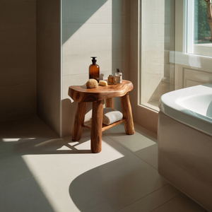 Live Edge Solid Wood Bath Stool with Storage Shelf