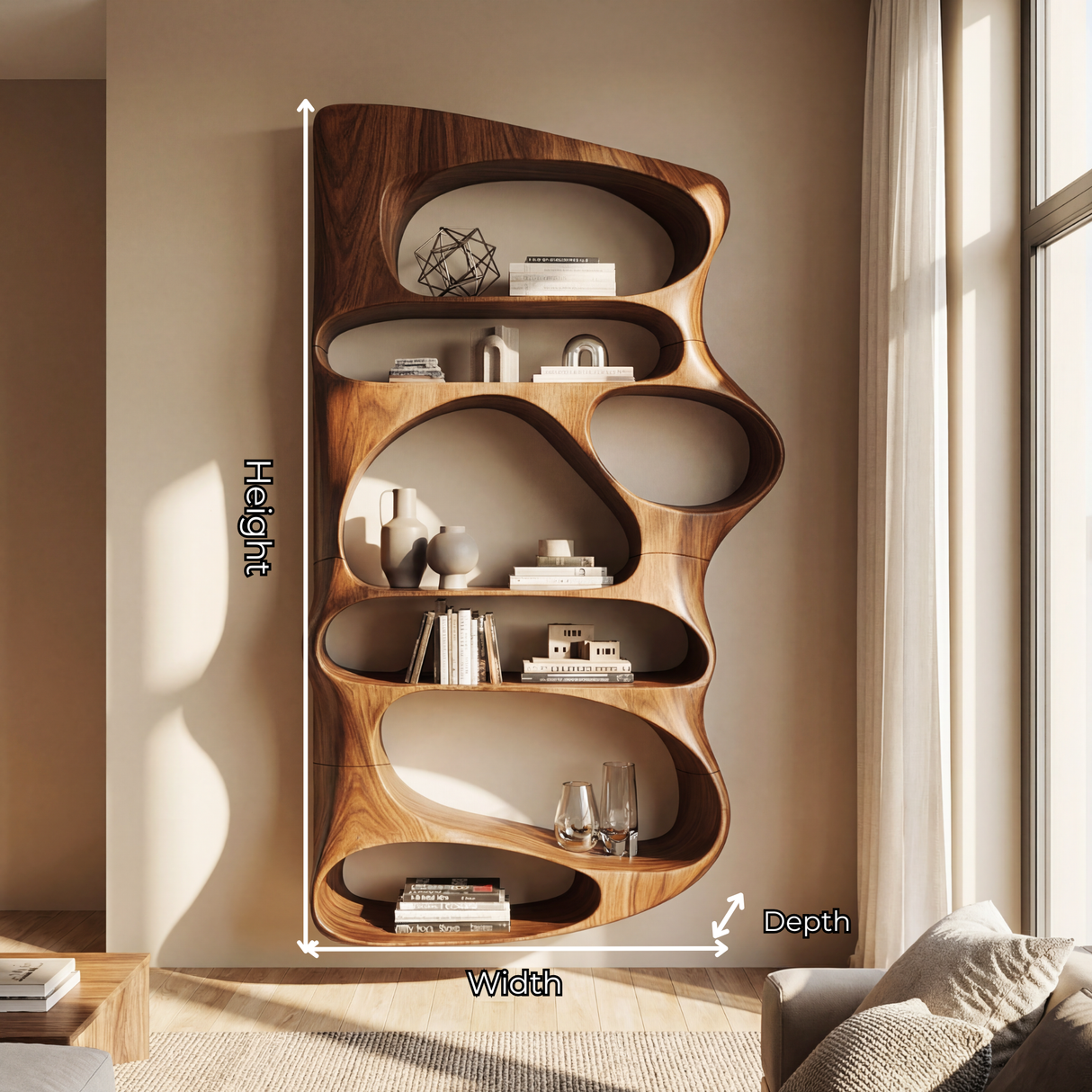 Wall Mounted Sculptural Wood Shelf with Flowing Open Niches