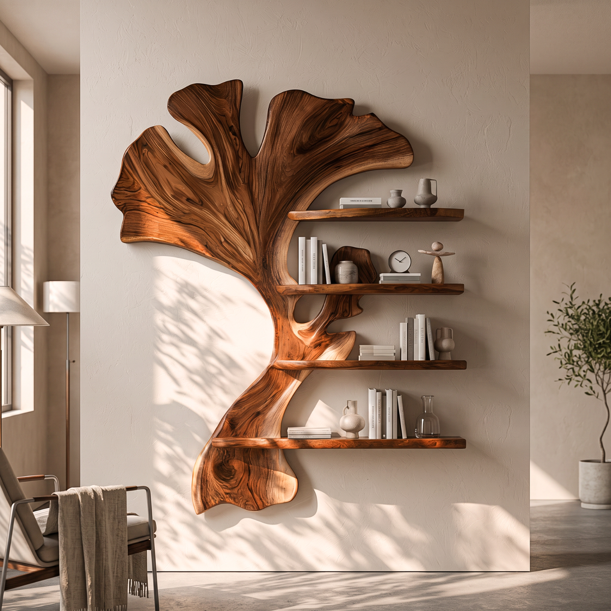 Wall Shelf Solid Wood Ginkgo Leaf Sculpture with Floating Display Shelves for Living Room Decor