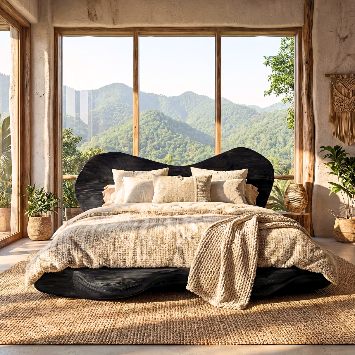Organic Solid Wood Bed with Sculptural Curved Headboard and Platform Base
