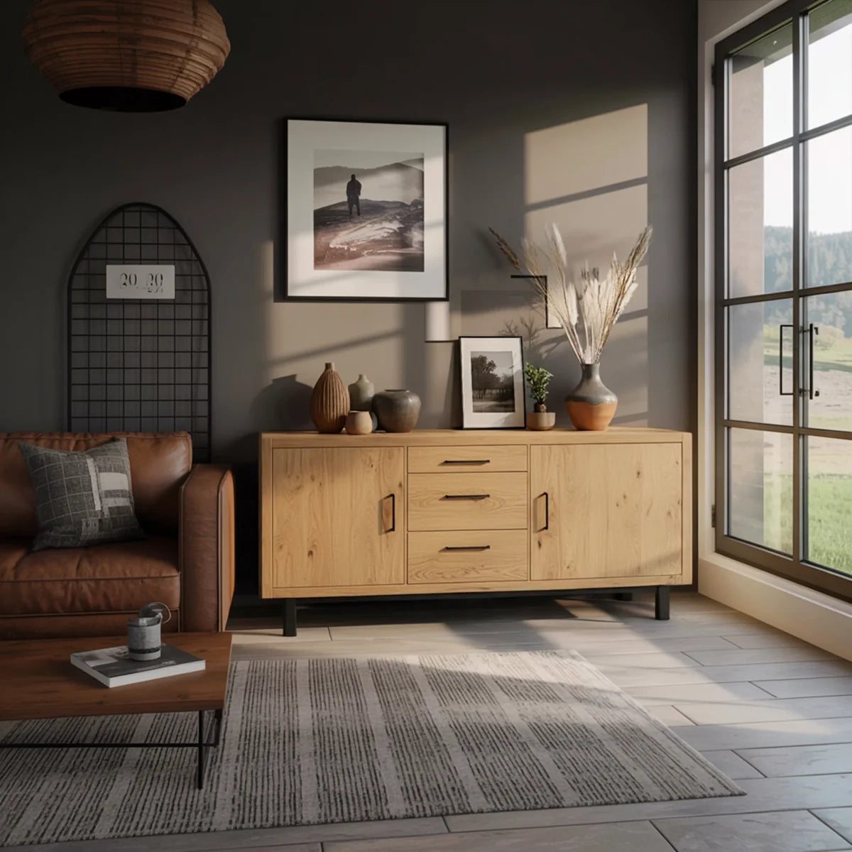 Solid Wood Storage Cabinet with Mixed Drawers and Modern Rustic Style
