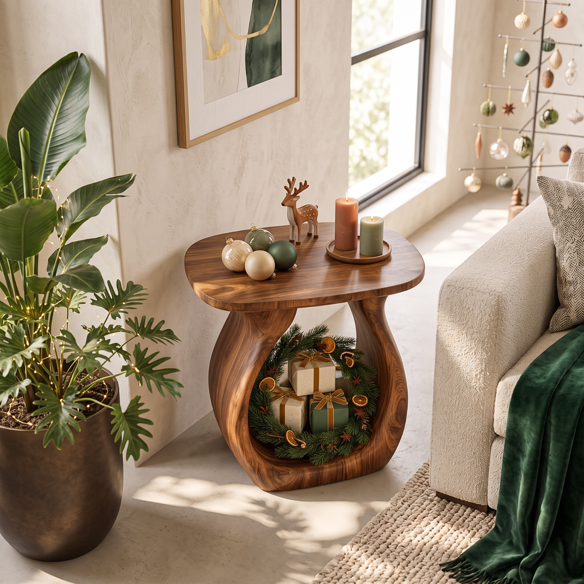 Sculptural Solid Wood Side Table with Open Loop Base