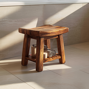 Compact Solid Wood Bath Stool with Lower Shelf