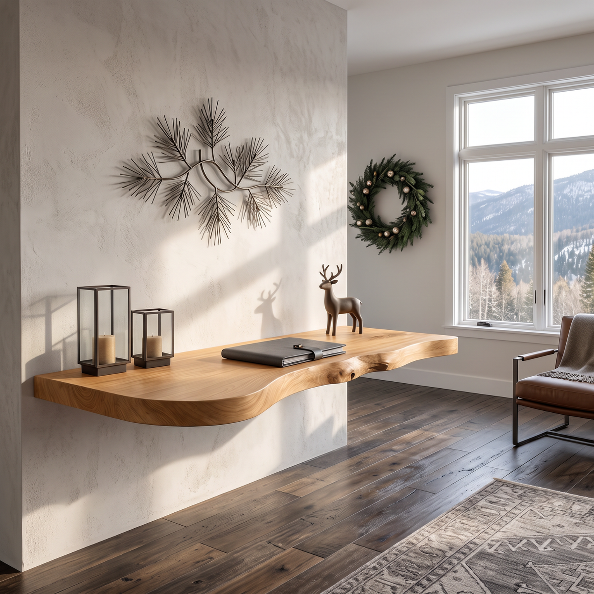 Live Edge Solid Wood Floating Desk with Organic Wall Mounted Design