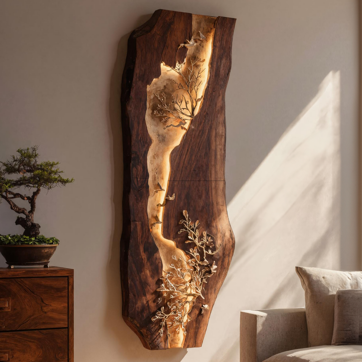 Live Edge Solid Wood Wall Sculpture with Organic Inlay