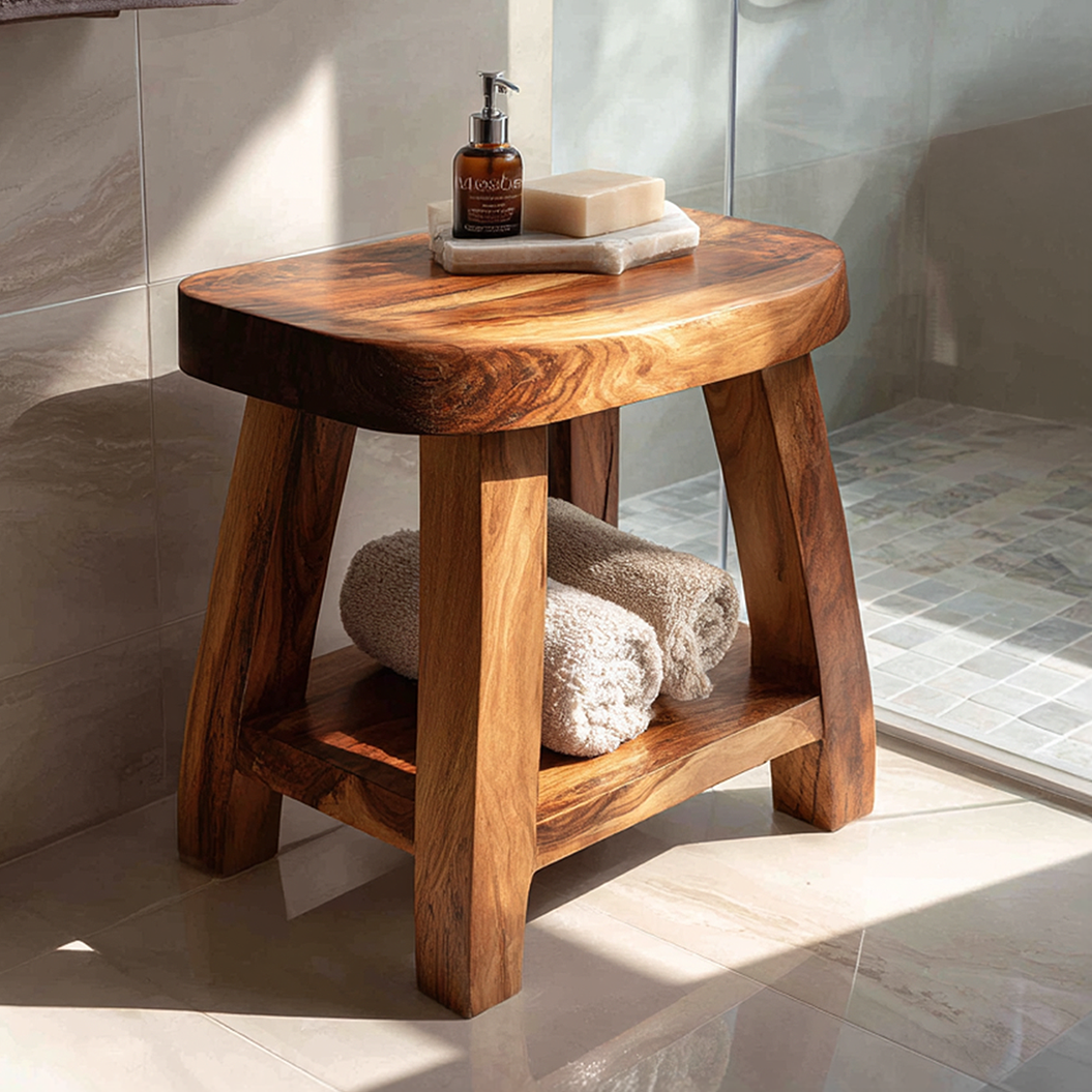 Natural Solid Wood Shower Bench with Storage Shelf