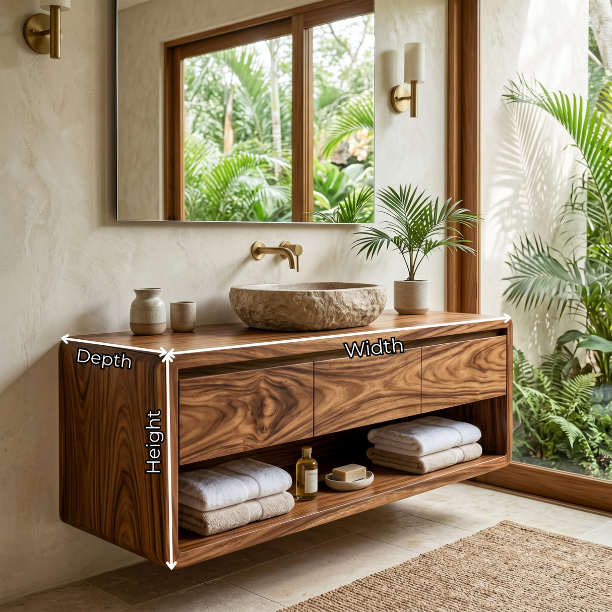 Floating Solid Wood Bathroom Cabinet Vanity with Rounded Modern Form