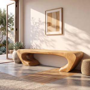 Bench Solid Wood with Sculptural Asymmetrical Base and Flowing Organic Seat
