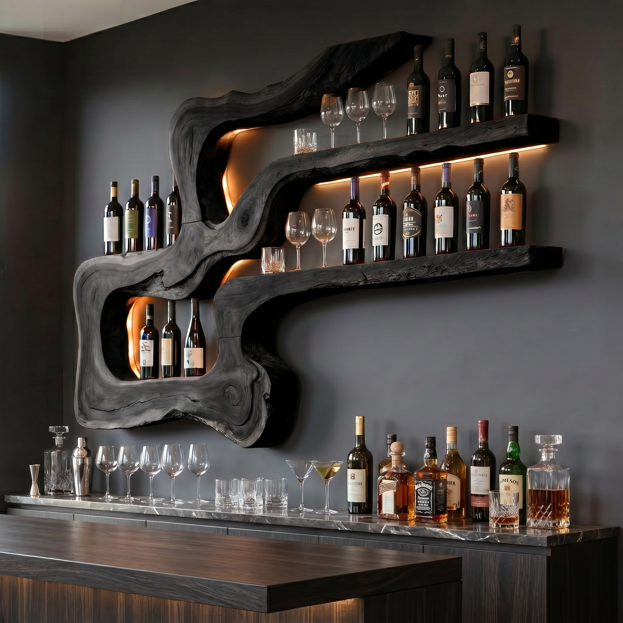 Handmade Organic Wood Wine Rack Wall Shelf Sculptural Bar Decor