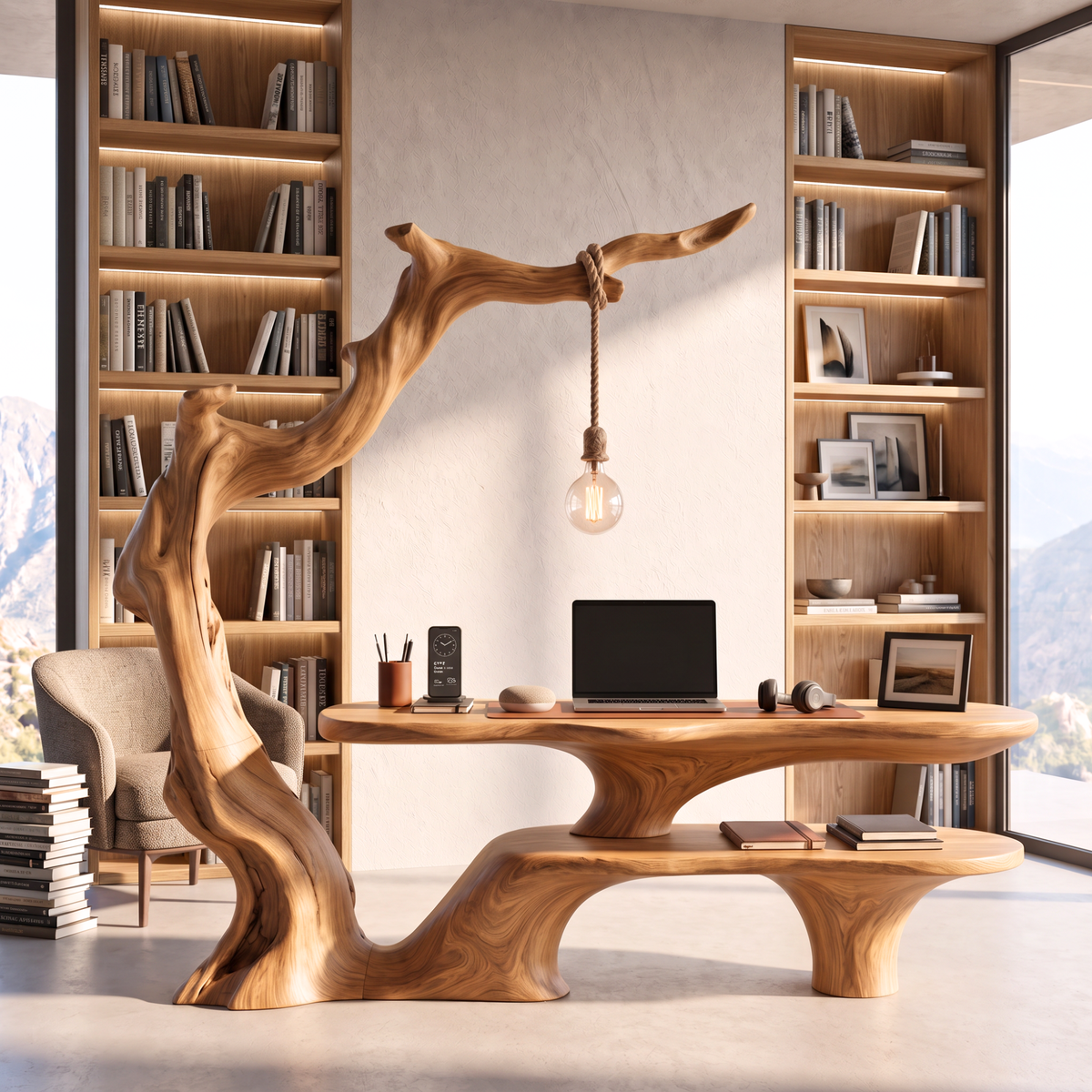 Sculptural Work Desk Tree Inspired Design with Hanging Lamp Organic Modern Workspace Table