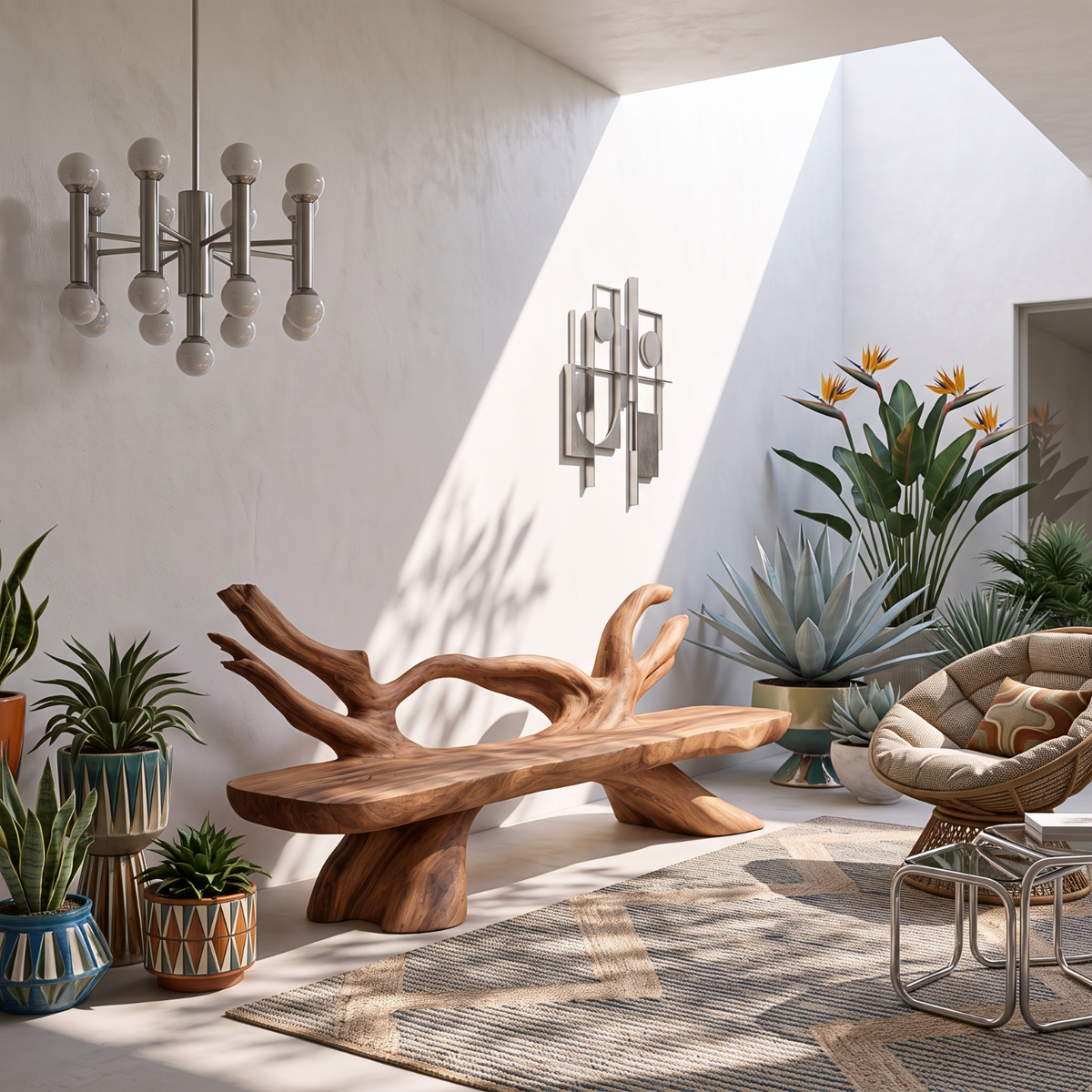 Organic Solid Wood Garden Bench with Sculptural Branch Backrest