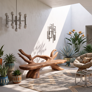 Organic Solid Wood Garden Bench with Sculptural Branch Backrest
