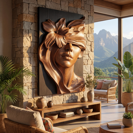 Bloom Veil Wooden Relief Portrait Sculpture Wall Art
