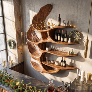 Carved Leaf Solid Wood Wall Wine Holder with Four Floating Display Shelves
